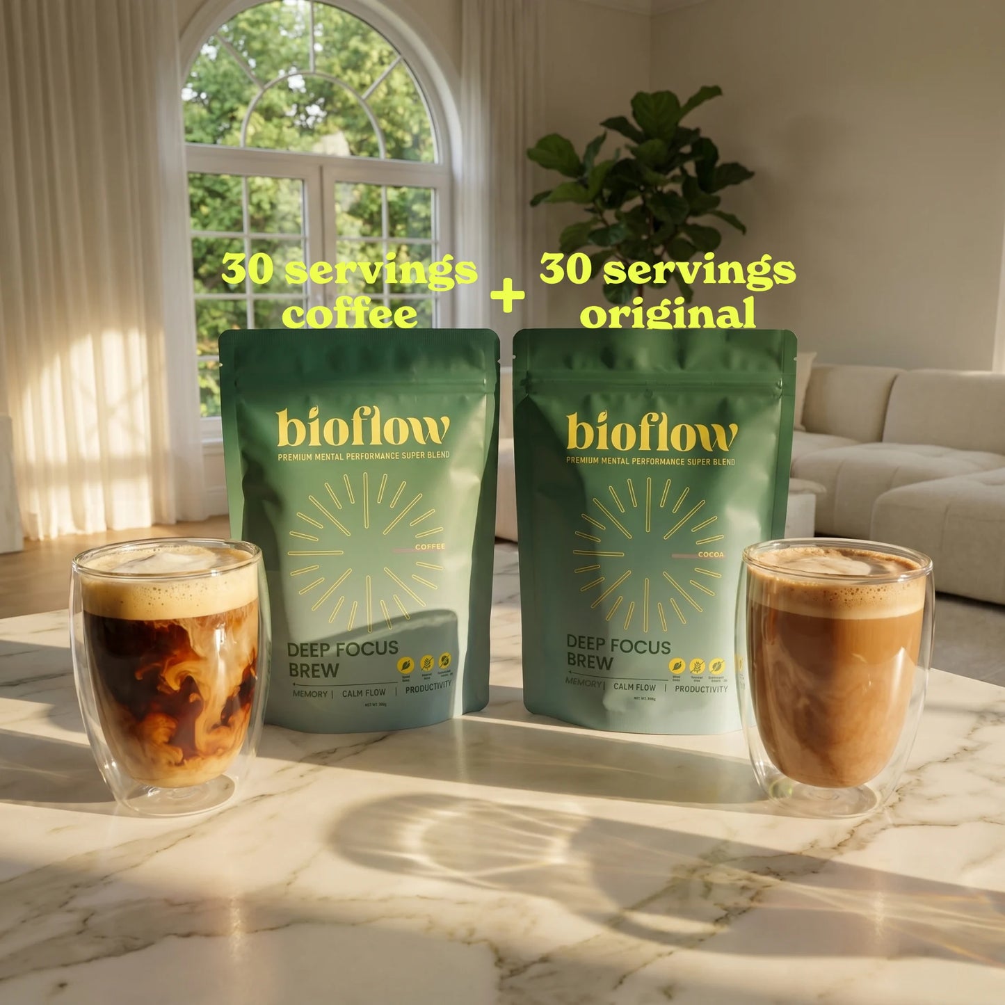 Two bags of bioflow mushroom powders on a marble surface with two glasses of coffee, in a bright room with a couch and plant.